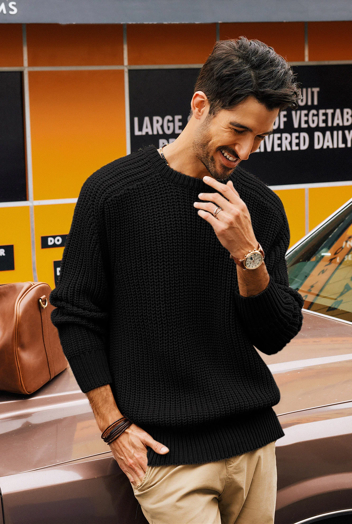 PJ Men Textured Sweater Long Sleeve Crew Neck Dropped Shoulder Pullover - Image 4