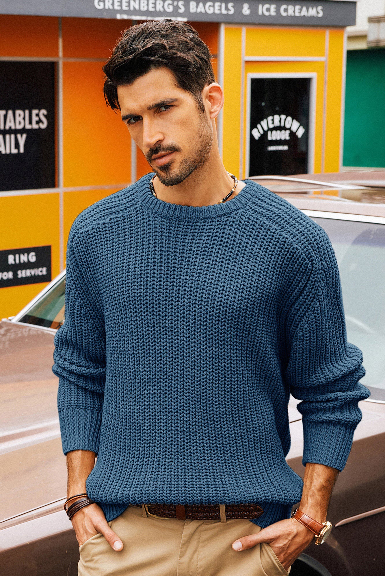 PJ Men Textured Sweater Long Sleeve Crew Neck Dropped Shoulder Pullover - Image 44