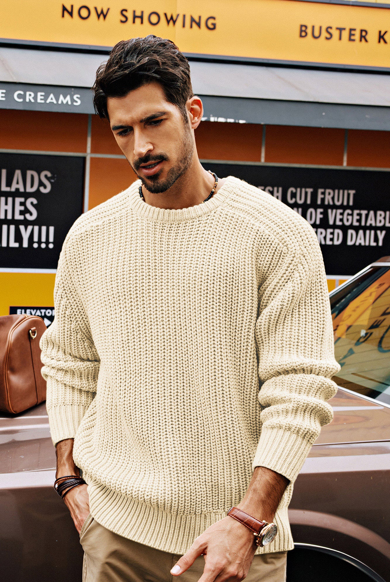 PJ Men Textured Sweater Long Sleeve Crew Neck Dropped Shoulder Pullover - Image 59