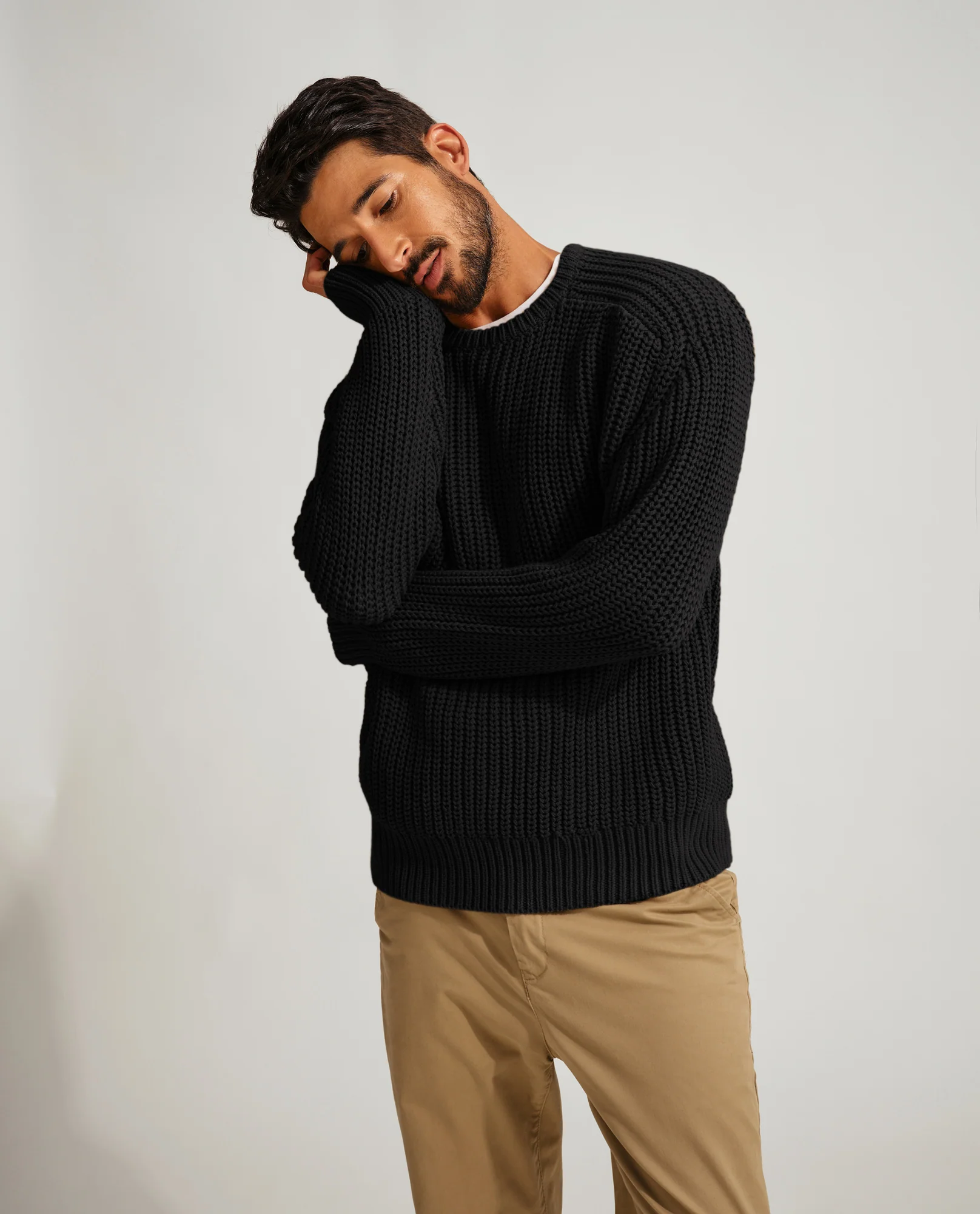 PJ Men Textured Sweater Long Sleeve Crew Neck Dropped Shoulder Pullover - Image 6