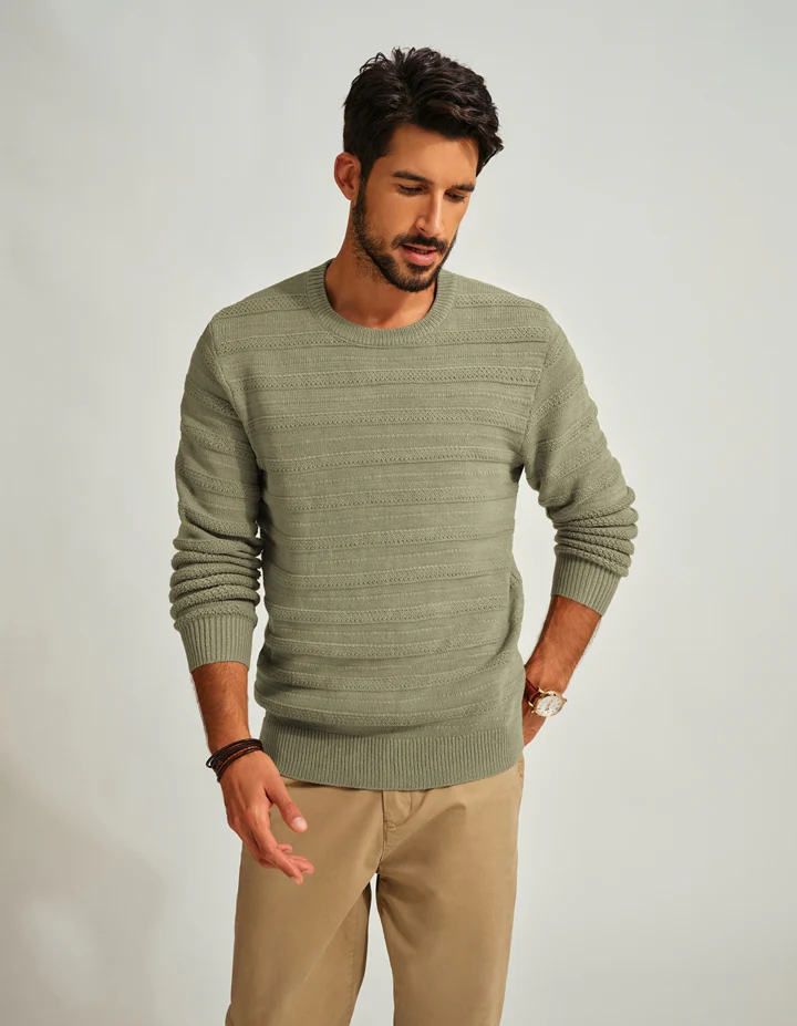 PJ Men Textured Sweater Long Sleeve Crew Neck Ribbed Cuff Pullover Knitwear - Image 11