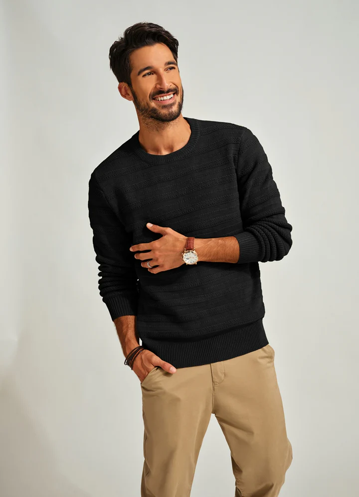 PJ Men Textured Sweater Long Sleeve Crew Neck Ribbed Cuff Pullover Knitwear - Image 6