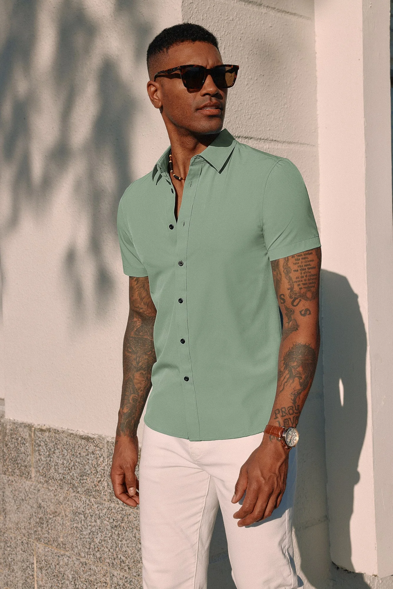 PJ Paul Jones Men Stylish Basic Shirt Short Sleeve Classic Collar Button-up Shirt Tops - Image 18