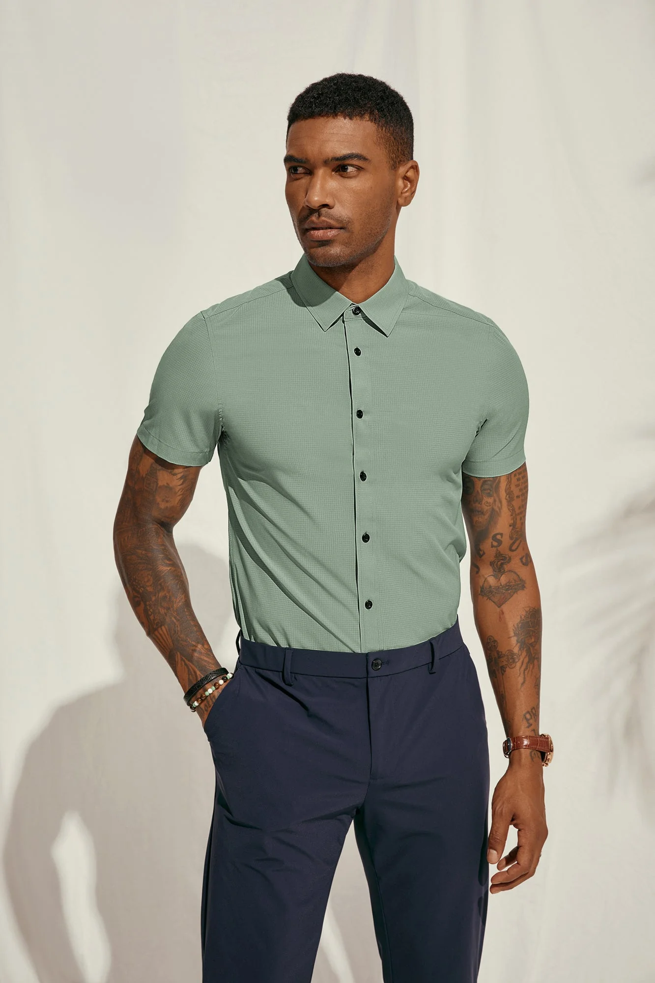 PJ Paul Jones Men Stylish Basic Shirt Short Sleeve Classic Collar Button-up Shirt Tops - Image 20