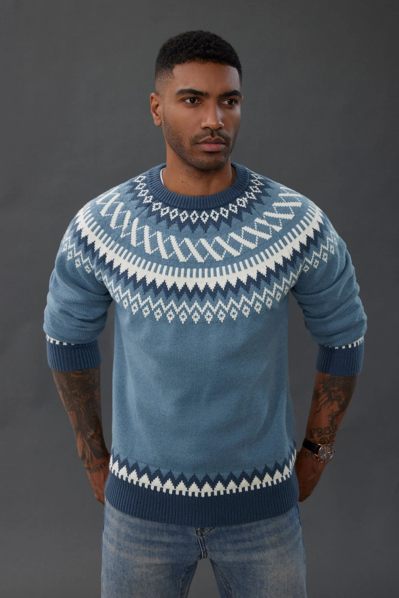 PJ Paul Jones Men's Fair Isle Crewneck Sweater Vintage Leisure Pattern Knit Long Sleeve Pullover Sweater - Image 19