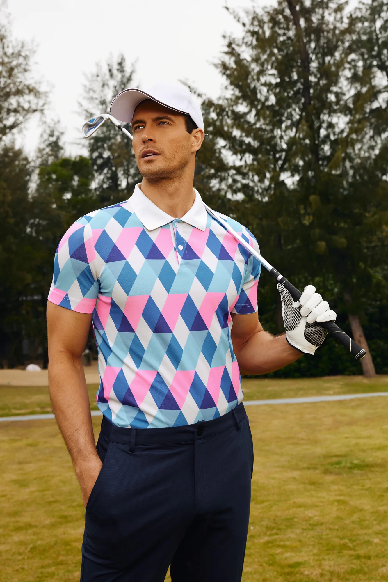 Men's Performance Golf Pullover Shirt Grid Argyle Short Sleeve Stretch Polo Shirt - Image 7