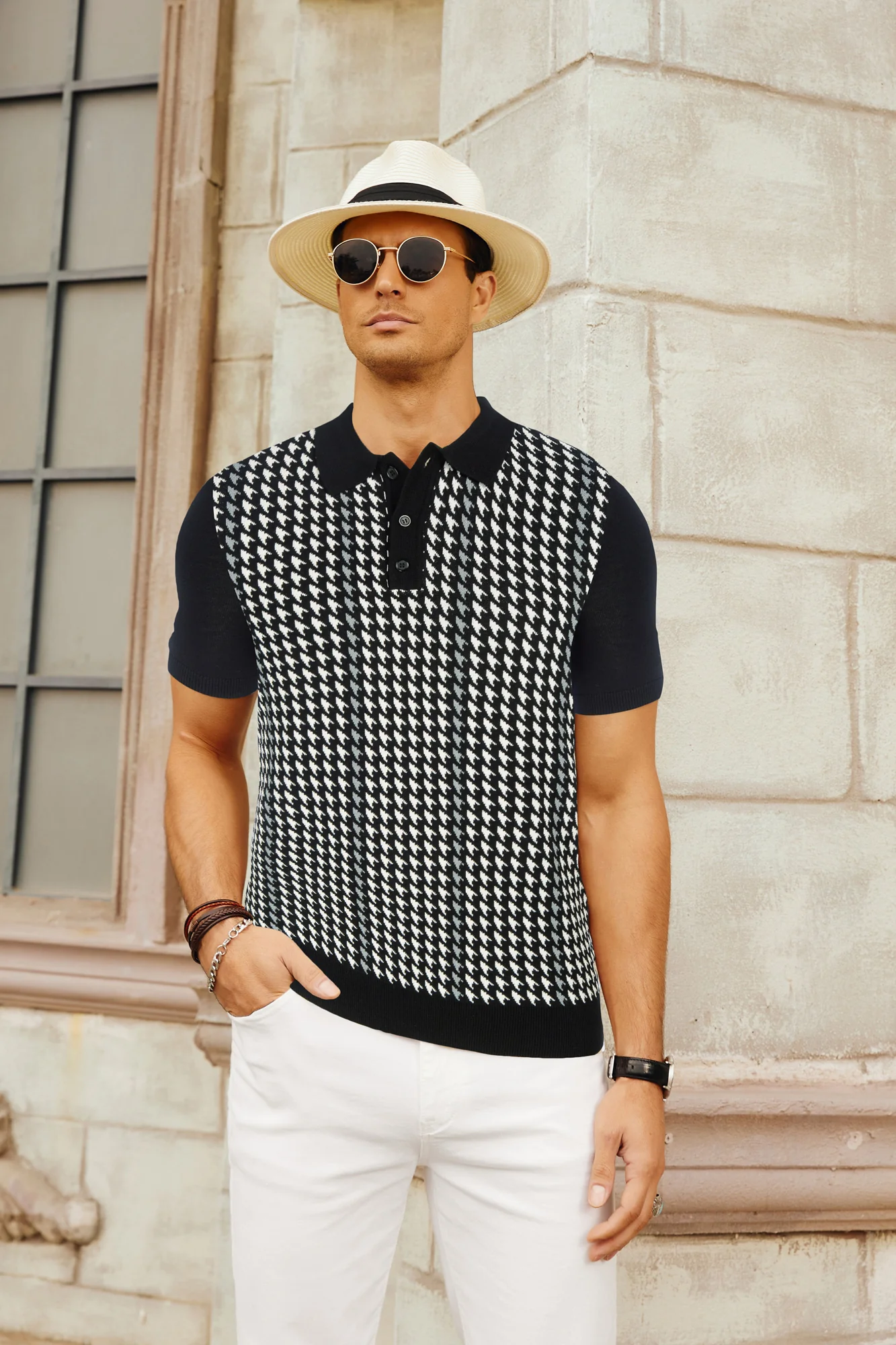 Men's Vintage Polo Shirts Lightweight Retro 70s Knit Houndstooth Golf Pullover Shirts - Image 14