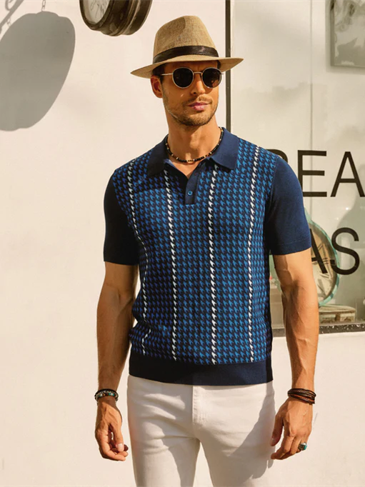 Men's Vintage Polo Shirts Lightweight Retro 70s Knit Houndstooth Golf Pullover Shirts - Image 7