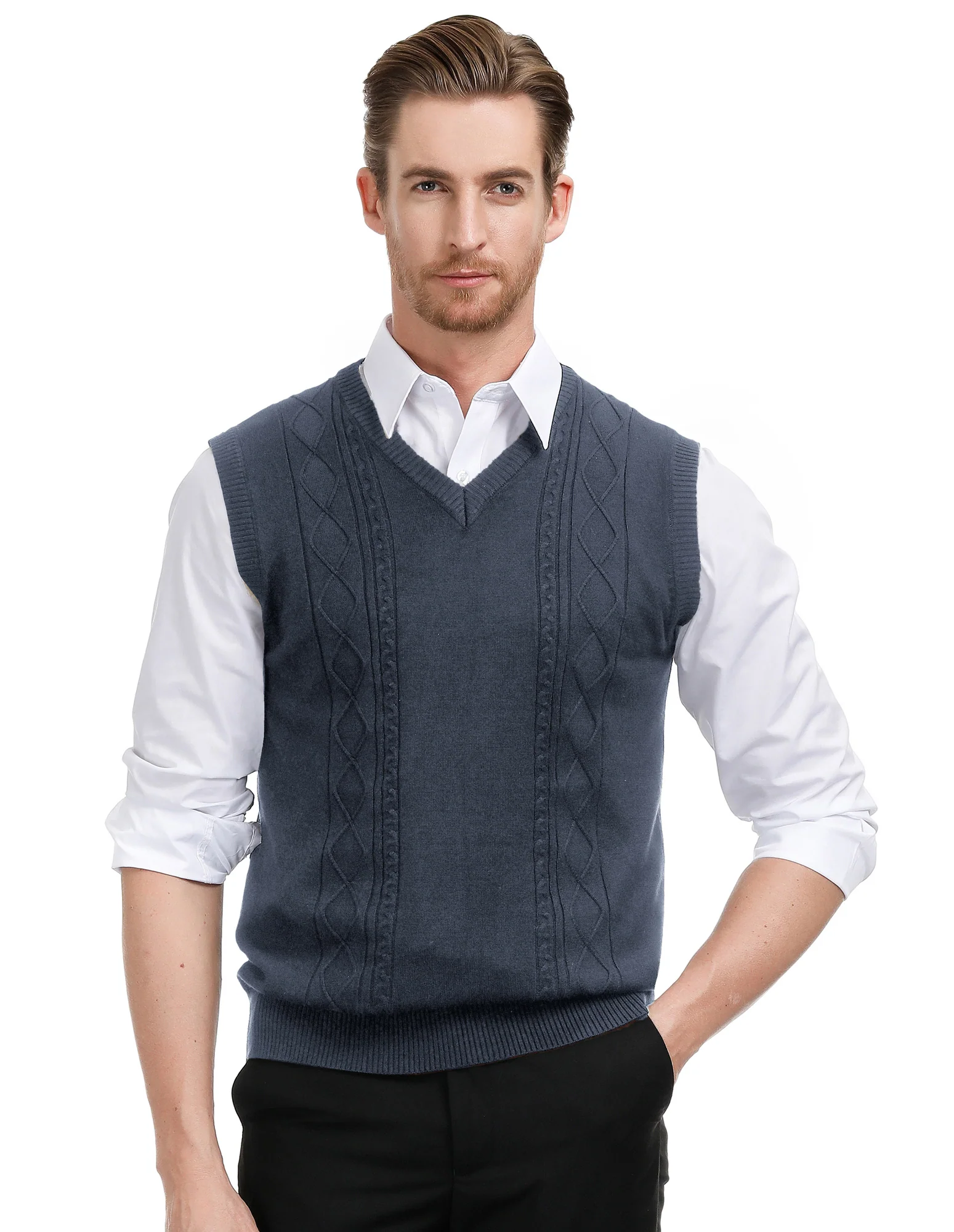Men's V Neck Sweater Vest Cable Knitted Pullover Sweaters Vest - Image 43