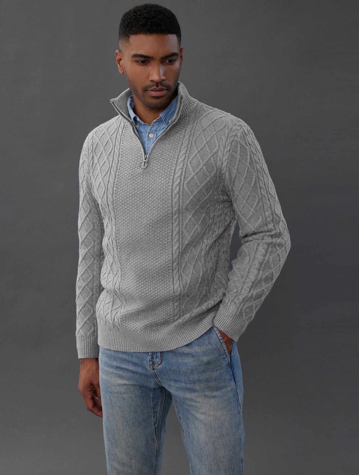 Men's Casual Quarter-Zip Sweaters Cable Knit Thermal Pullover - Image 16